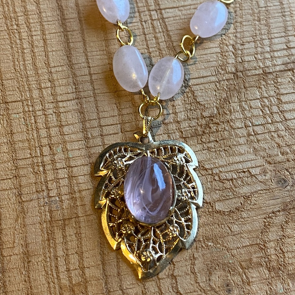 Gold and Pink Victorian-Inspired Necklace with Ornate Pendant